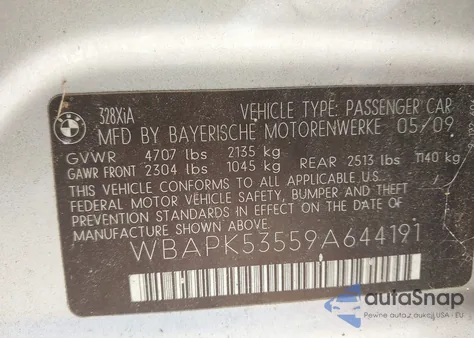 2009 BMW 328I xDrive z USA, uszkodzony, nr VIN WBAPK53559A644191